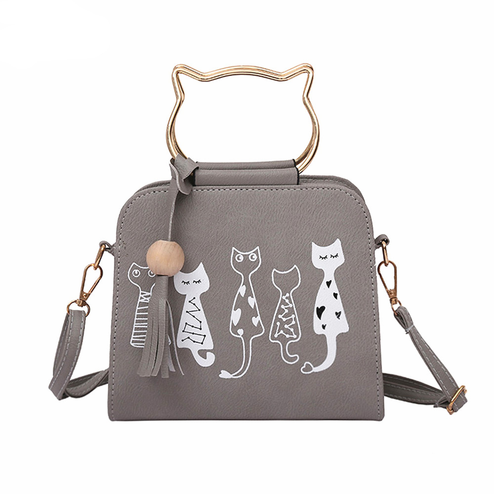 Lovely Cat Print Tassel Shoulder Bag
